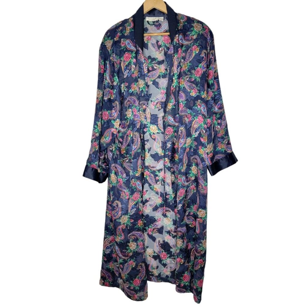 Victoria's Secret Large Vintage Gold‎ Label Navy Blue Paisley Floral Robe FLAW